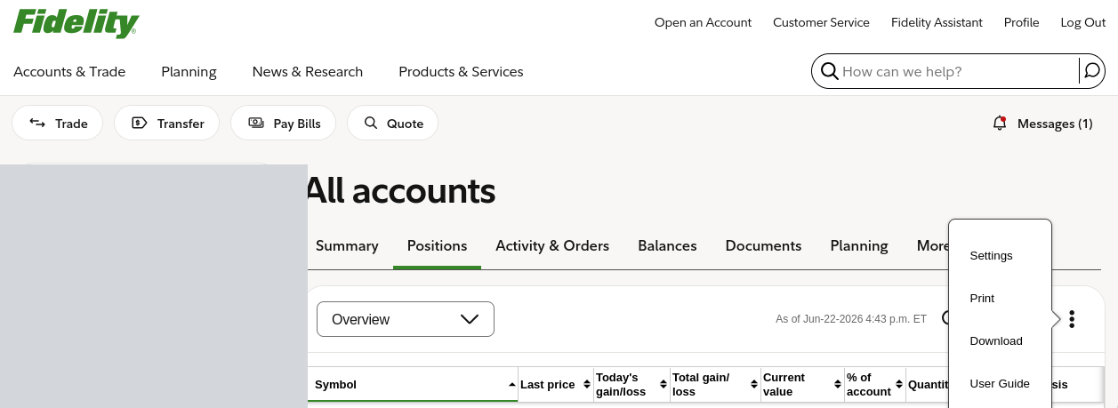 Fidelity Positions tab with the three-dot menu open, showing the Download item